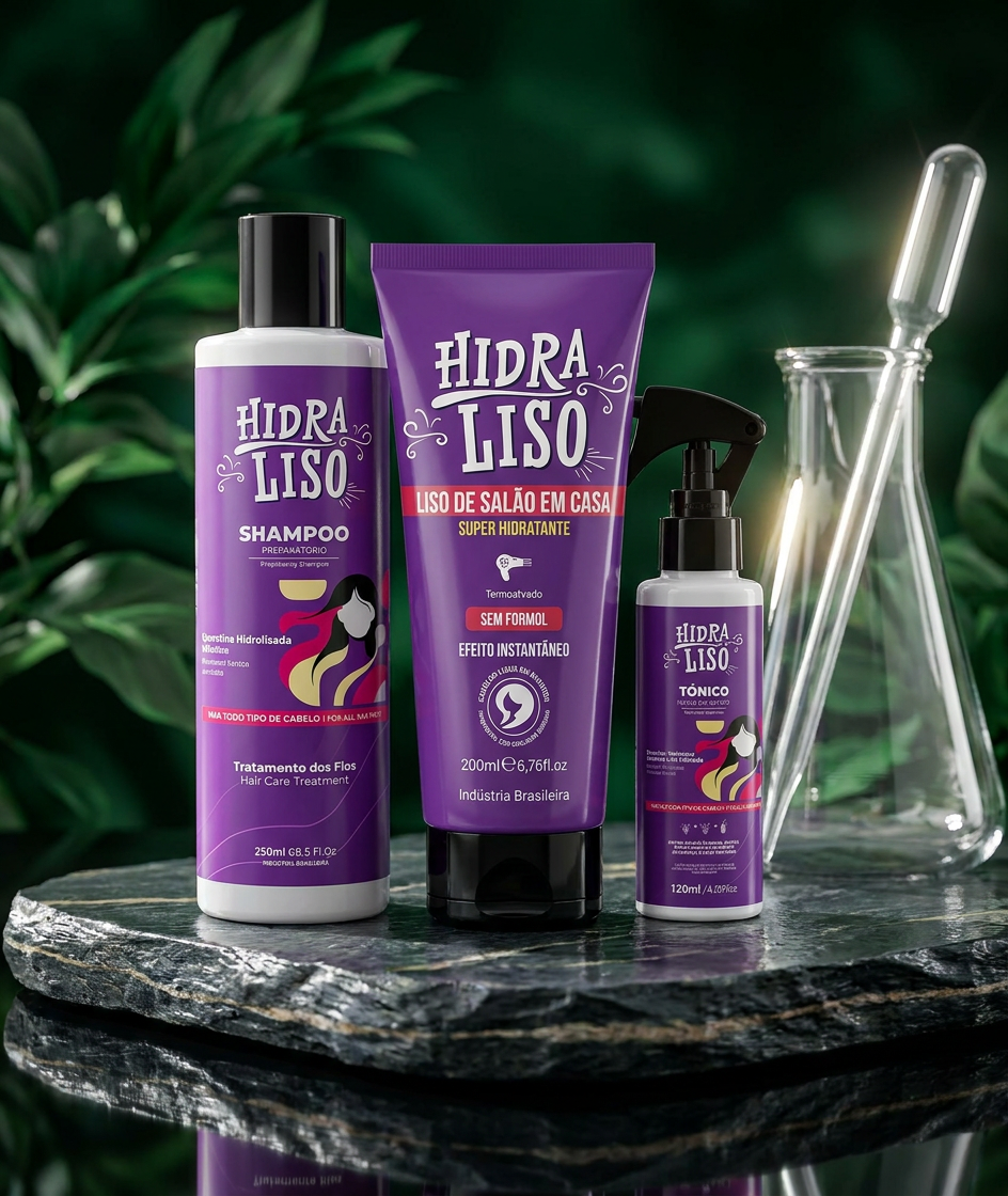 Kit Hidraliso: shampoo preparatório, alisamento termoativado e tônico