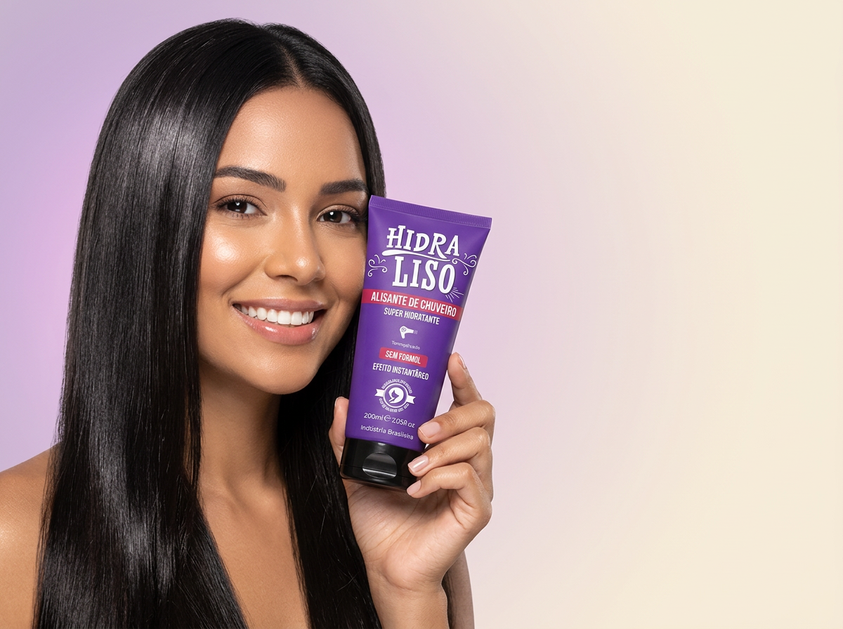 Mulher com resultado perfeito e sorriso marcado segurando o frasco Hidraliso