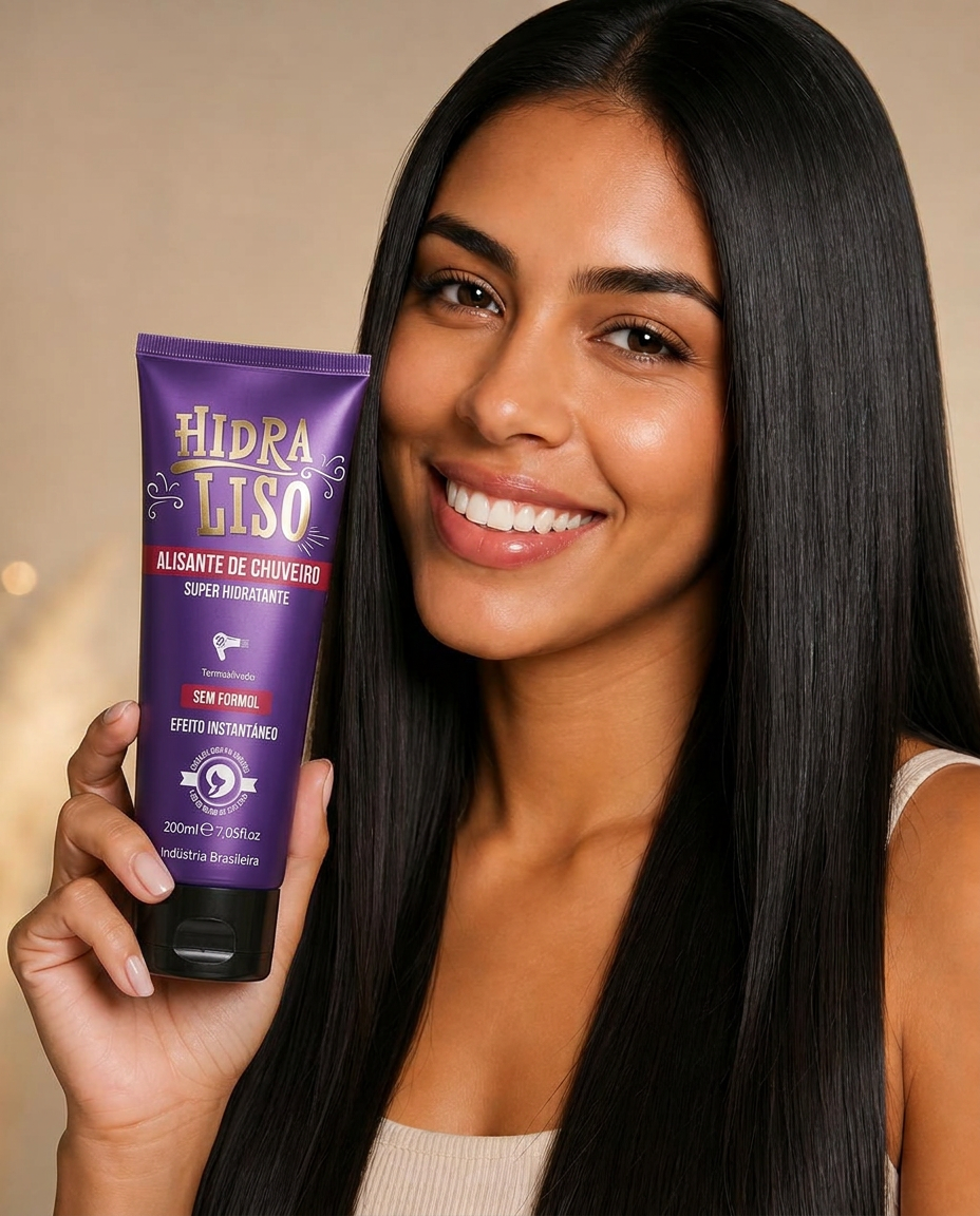 Juliana segurando o frasco roxo Hidraliso com cabelo liso e sedoso