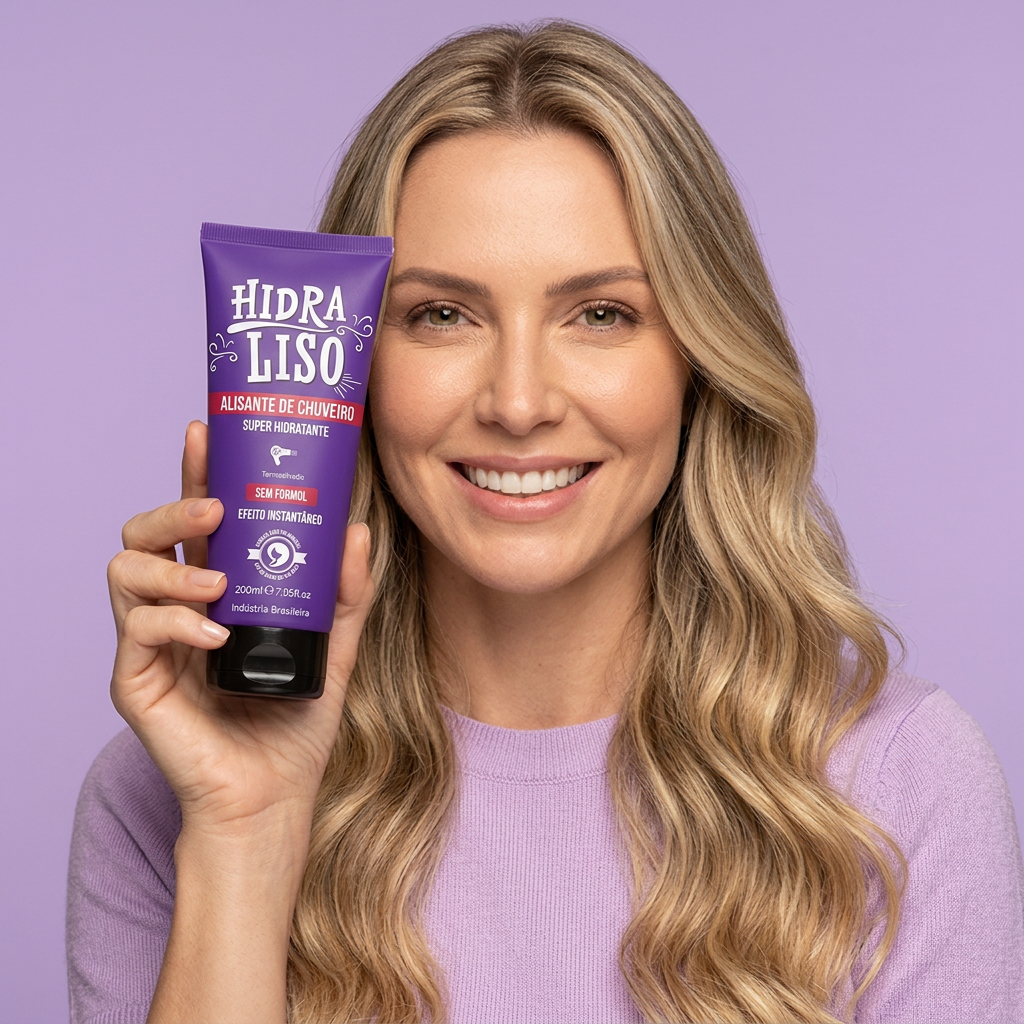 Renata loira segurando o frasco roxo Hidraliso com cabelo liso e luminoso