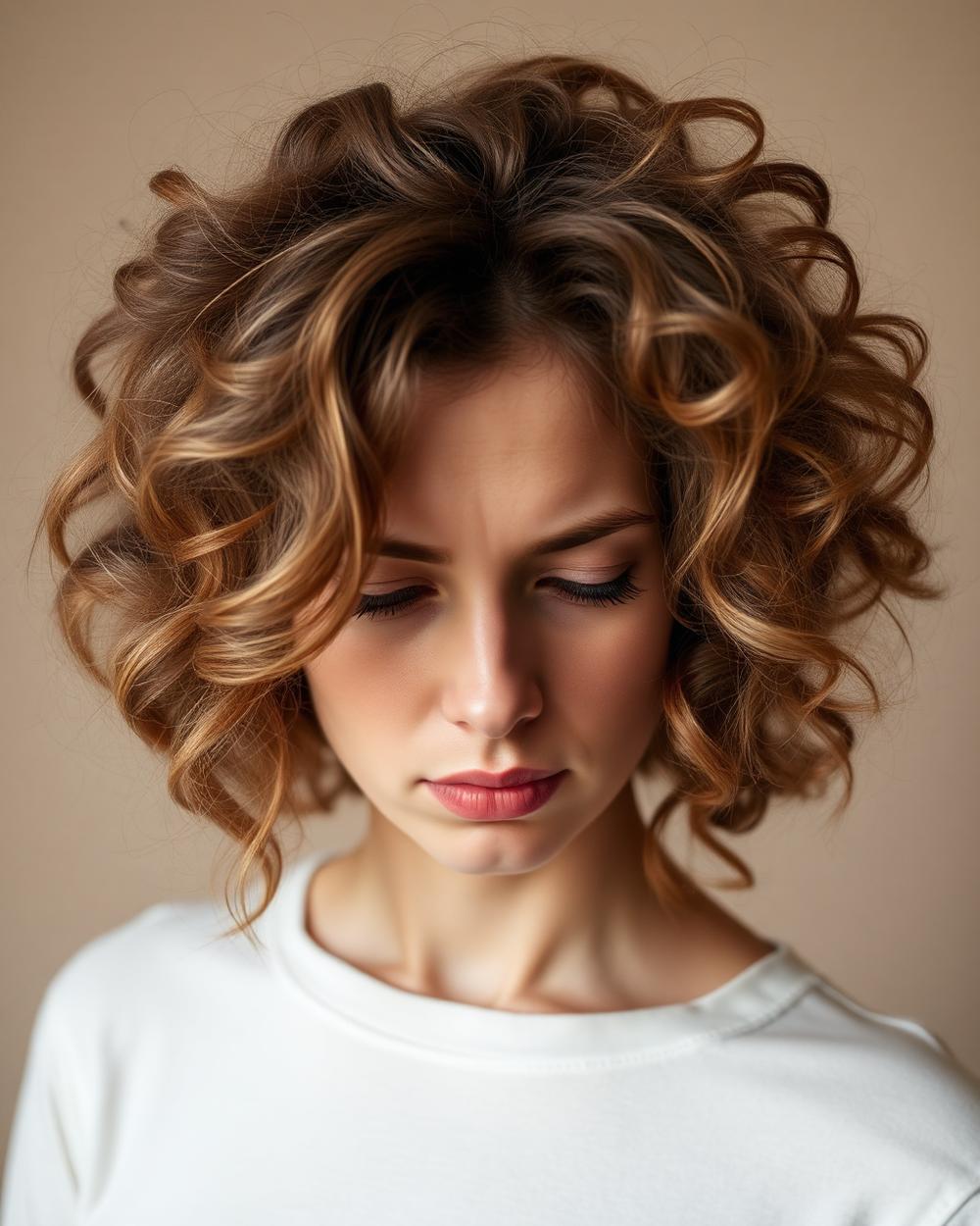 Mulher com cabelo com frizz e volume antes do tratamento