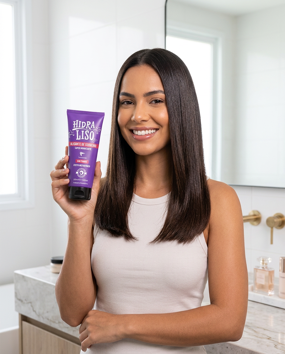 Mulher sorrindo com cabelo liso segurando o Hidraliso